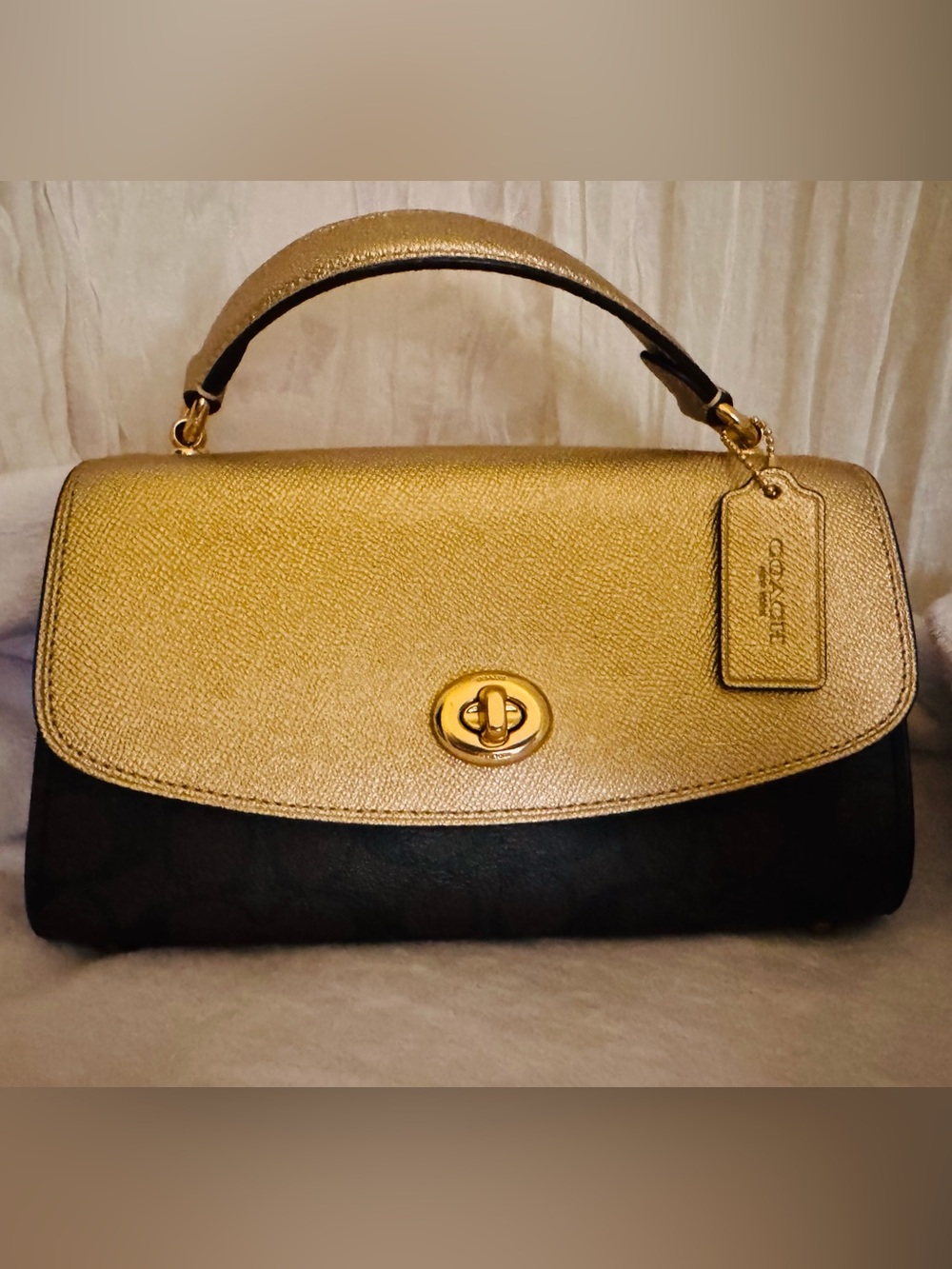 Coach Two-Tone Pebbled Leather Top-Handle Satchel in Gold and Black